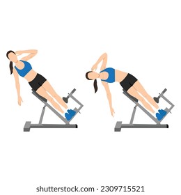 Woman doing roman chair side bend or hyperextension bench side bends exercise. Flat vector illustration isolated on white background