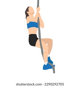 Woman doing rope climbing exercise for sport and endurance. Flat vector illustration isolated on white background