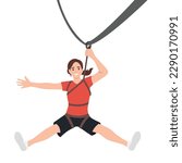 Woman doing rope slide ride. Hand on line over crossing cliff. Zip line rope concept banner. Cartoon illustration of zip line rope vector concept banner for web design. Flat vector 
