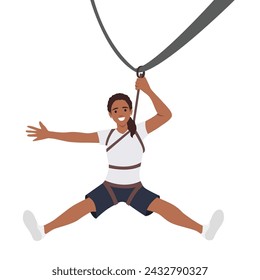 Woman doing rope slide ride. Hand on line over crossing cliff. Zip line rope concept banner. Cartoon illustration of zip line rope vector concept banner for web design.