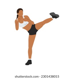 Woman doing Roundhouse side kicks. Side kick. Sport exersice. Woman doing exercise. Flat vector illustration isolated on white background