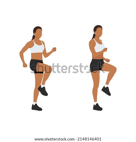 Woman doing run in place exercise. Flat vector illustration isolated on white background