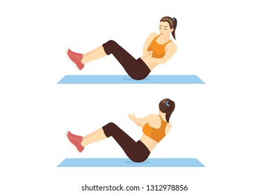 Woman doing Russian twist exercise in 2 step guide on mat. Illustration about workout position which targets the abdominals.