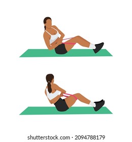 Woman doing Russian twist resistance band exercise. Flat vector illustration isolated on white background