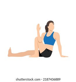 Woman doing Sage Marichi Pose C Variation, Beautiful girl practice Marichyasana C Variation. Flat vector illustration isolated on white background