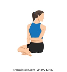 Woman doing Sage Pose sanskrit or Bharadvajasana or bharadvaja twist. Flat vector illustration isolated on white background