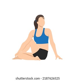 Woman doing Sage Twist Pose Variation Forward Bend, Beautiful girl practice Marichyasana Variation Uttanasana. Flat vector illustration isolated on white background