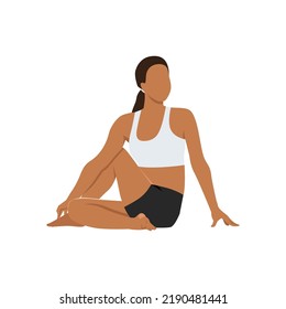 Woman doing Sage Twist Pose Variation Forward Bend, Beautiful girl practice Marichyasana Variation Uttanasana. Flat vector illustration isolated on white background