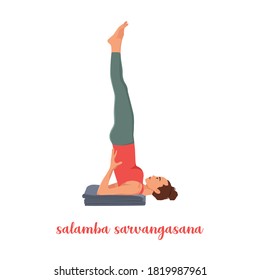 Woman doing Salamba Sarvangasana or shoulder stand pose. Practicing Hatha yoga. Flat vector illustration isolated on white background