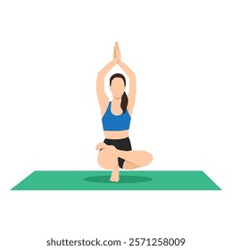 Woman doing samatvamasana sitting on rug on floor. Complicated asana. Flat vector illustration isolated on white background