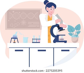 Woman is doing a sample test with the help of a microscope Illustration
