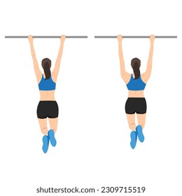 Woman doing scapula pull or scap pulls or pull up exercise. Flat vector illustration isolated on white background 