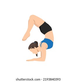 Mujer haciendo una mancha de escorpión. Hermosa chica practica Vrschikasana. Ilustración vectorial plana aislada en fondo blanco