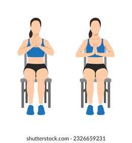 Woman doing seated Arm Prayer Stretch exercise. Flat vector illustration isolated on white background