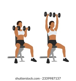 Woman doing seated Arnold press on a bench exercise. Flat vector illustration isolated on white background