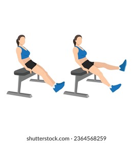 Woman doing seated bench extended flutter kicks exercise. Flat vector illustration isolated on white background.