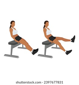 Woman doing seated bench extended flutter kicks exercise. Flat vector illustration isolated on white background.