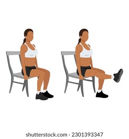 Mujer haciendo extensiones de pierna de silla sentada. Ilustración vectorial plana aislada en fondo blanco