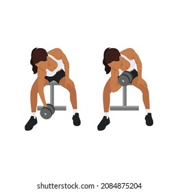 Woman doing Seated Dumbbell concentration curls exercise. Flat vector illustration isolated on white background