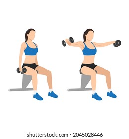 Woman doing Seated dumbbell Lateral raises. Power partials exercise. Flat vector illustration isolated on white background