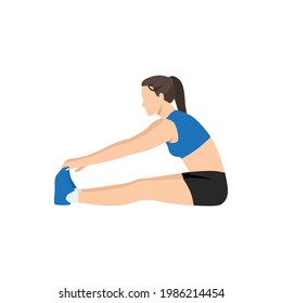 Woman doing Seated forward bend stretch exercise. Flat vector illustration isolated on white background