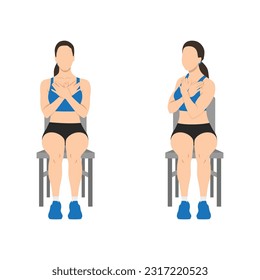 Woman doing seated gluteal and lumbar rotation or chair twist exercise. Flat vector illustration isolated on white background