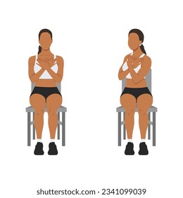 Woman doing seated gluteal and lumbar rotation or chair twist exercise. Flat vector illustration isolated on white background