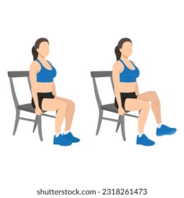 Woman doing seated knee lifts or seated knee elevations. Flat vector illustration isolated on white background