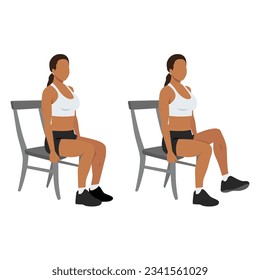 Woman doing seated knee lifts or seated knee elevations. Flat vector illustration isolated on white background