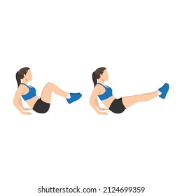 Woman doing Seated knee tucks exercise. Flat vector illustration isolated on white background