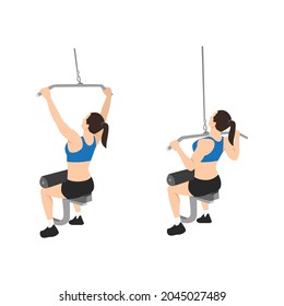 Woman doing seated lat pulldowns flat vector illustration isolated on white background