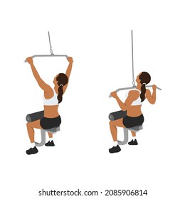 Woman doing seated lat pulldowns flat vector illustration isolated on white background