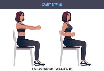 Woman doing Seated Low cable back rows exercise.Seated Rowing chair Exercises. Flat vector illustration isolated on white background.