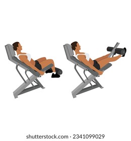 Woman doing seated machine leg extensions exercise. Flat vector illustration isolated on white background