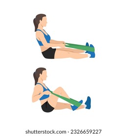 Mujer haciendo ejercicio de flexión de rodilla de resistencia sentada. Ilustración vectorial plana aislada en fondo blanco