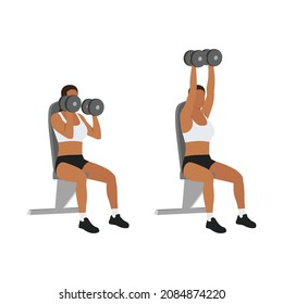 Woman doing Seated Shoulder hammer. Overhead presses exercise. Flat vector illustration isolated on white background