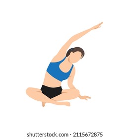 Woman doing seated side bend pose parsva sukhasana exercise. Flat vector illustration isolated on white background