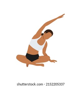 Woman doing seated side bend pose parsva sukhasana exercise. Flat vector illustration isolated on white background