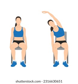 Woman doing seated side bends or lat stretch exercise. Flat vector illustration isolated on white background