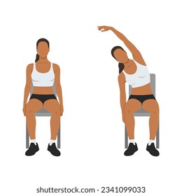 Woman doing seated side bends or lat stretch exercise. Flat vector illustration isolated on white background