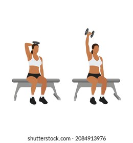 Woman doing Seated Single arm overhead dumbbell tricep extensions exercise. Flat vector illustration isolated on white background