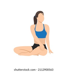 Woman doing seated spinal twist pose parivrtta sukhasana exercise. Flat vector illustration isolated on white background