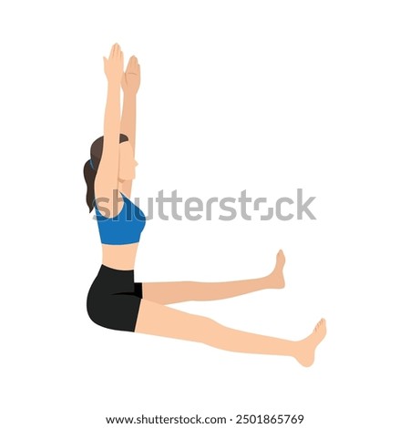 Woman doing Seated Straddle Pose Arms Raised or Upavistha Konasana Uttana Hasta. Flat vector illustration isolated on white background