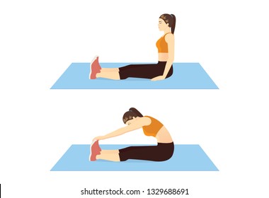 Woman Doing Seated Toe Touch Stretch Exercise On Blue Mat In 2 Step. Illustration About Warm Up And Cool Down And Workout.