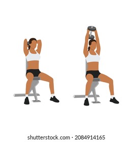 Woman doing Seated tricep press. overhead extensions exercise. Flat vector illustration isolated on white background