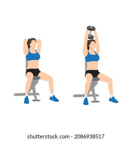 Woman doing Seated tricep press. overhead extensions exercise. Flat vector illustration isolated on white background