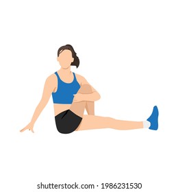 Woman doing Seated twist stretch exercise. Flat vector illustration isolated on white background