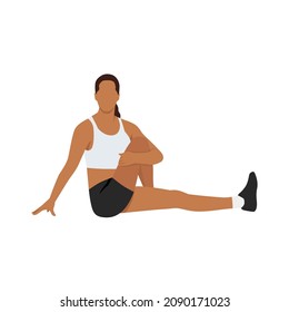 Woman doing Seated twist stretch exercise. Flat vector illustration isolated on white background