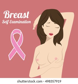 Woman doing self exam breast cancer, Stock vector illustration.