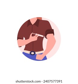 Mujer haciendo autoinyección cerca. El paciente diabético permanente debe aplicar la jeringa para inyección en mano. Ilustraciones planas vectoriales en el fondo del círculo.